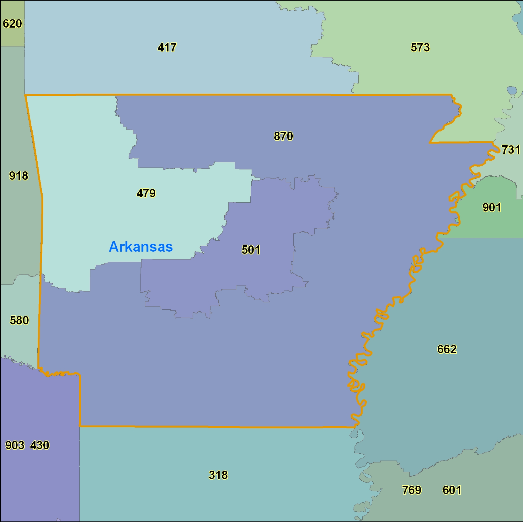 Arkansas (AR) Area Code Map