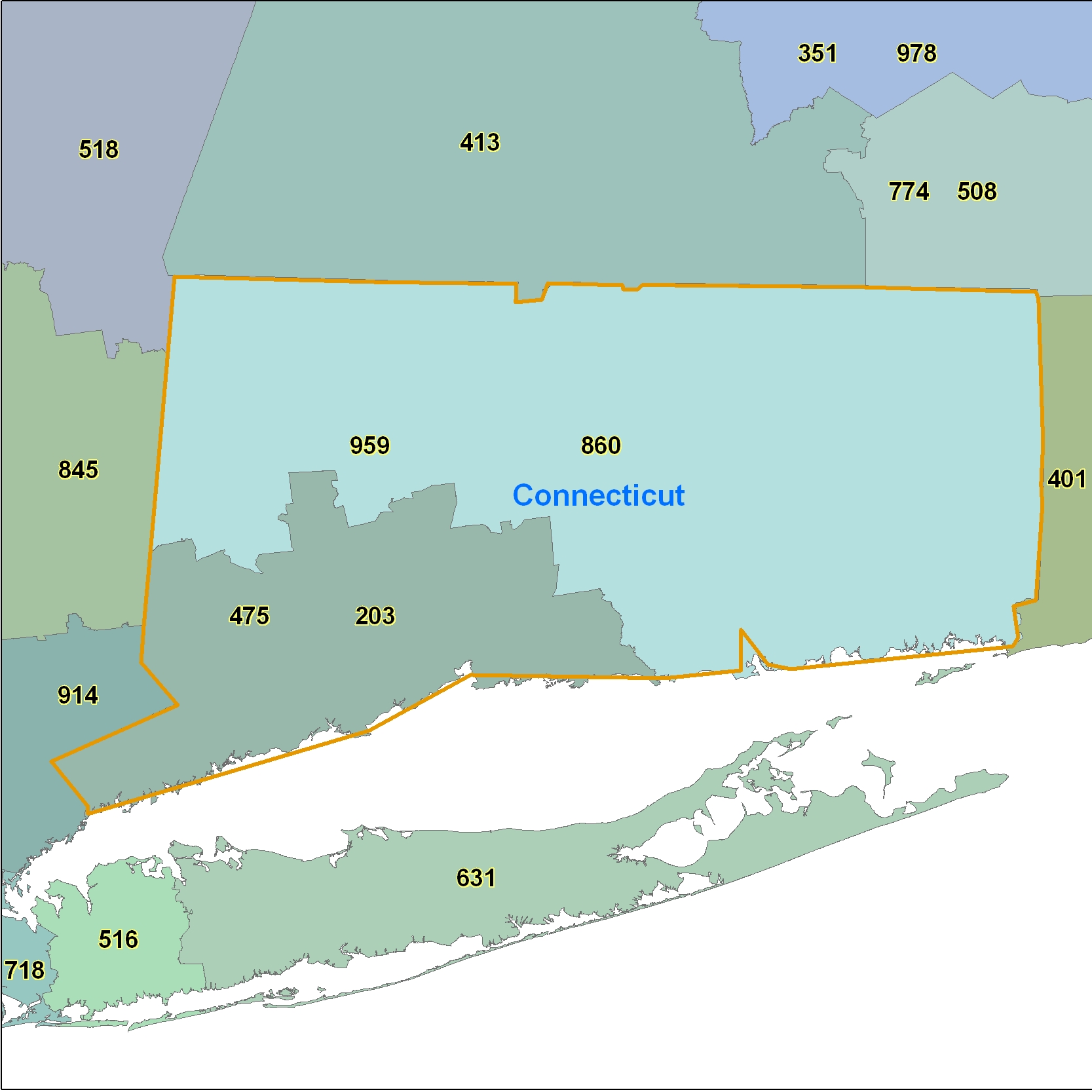 Connecticut (CT) Area Code Map