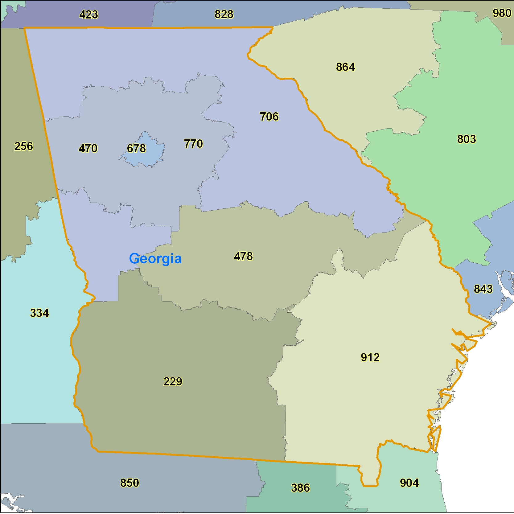 Georgia (GA) Area Code Map