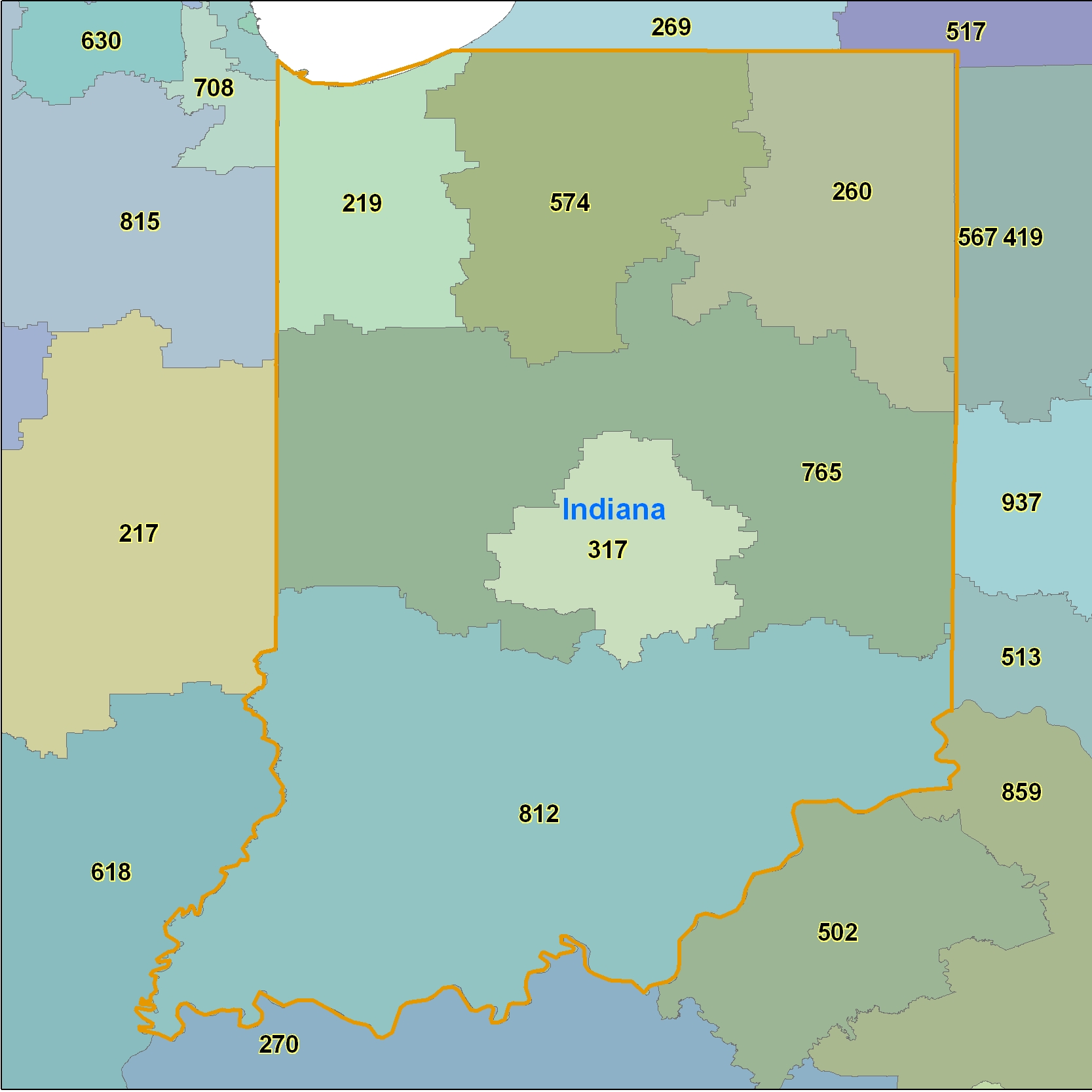 Indiana (IN) Area Code Map