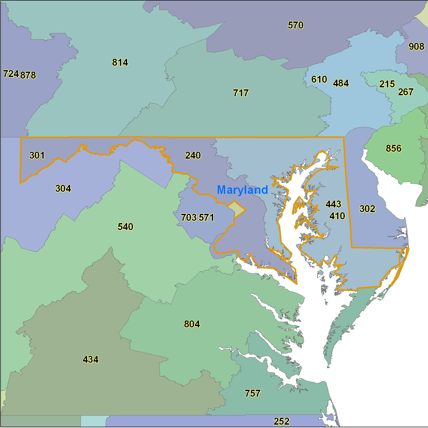 Maryland (MD) Area Code Map