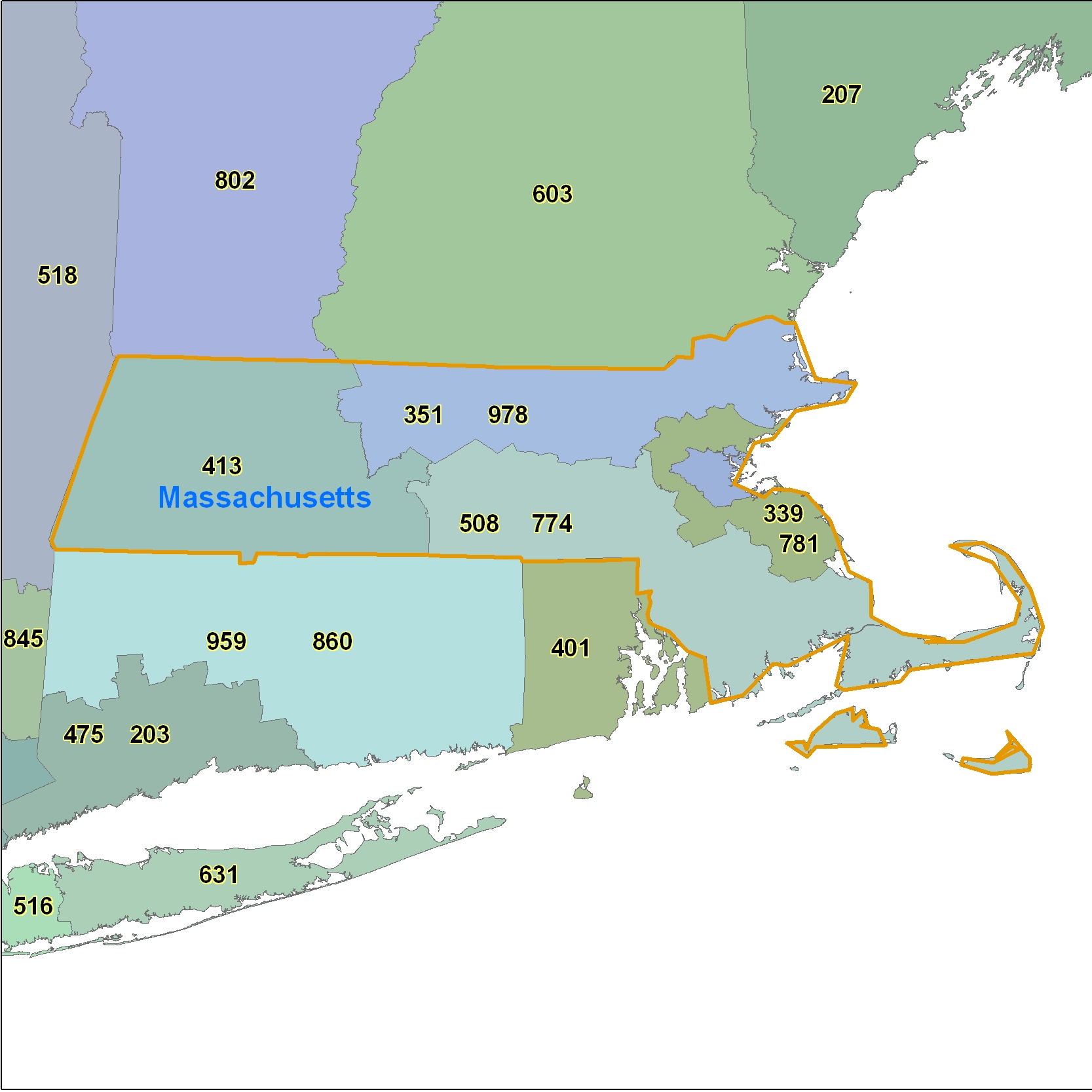 Massachusetts (MA) Area Code Map