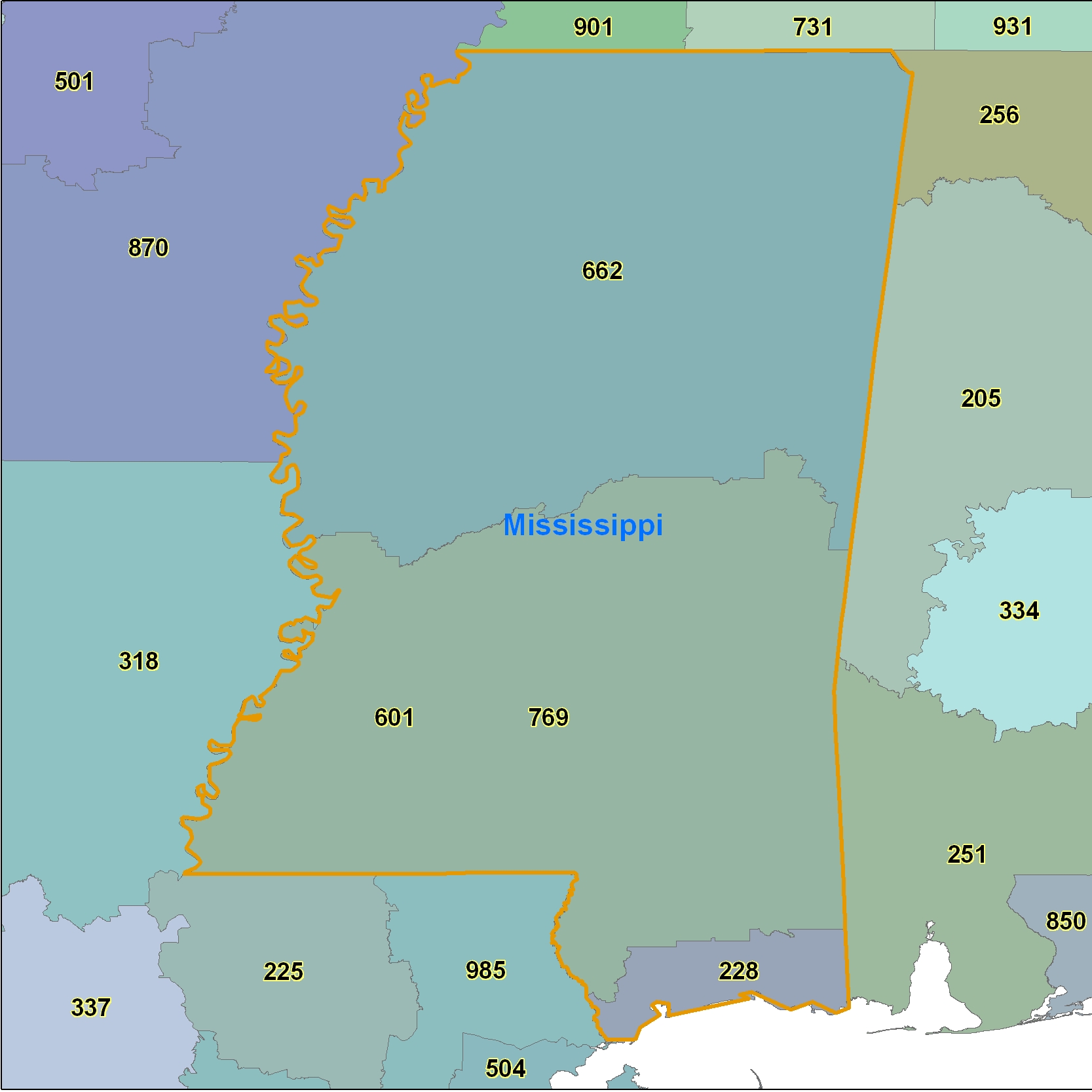 Mississippi (MS) Area Code Map