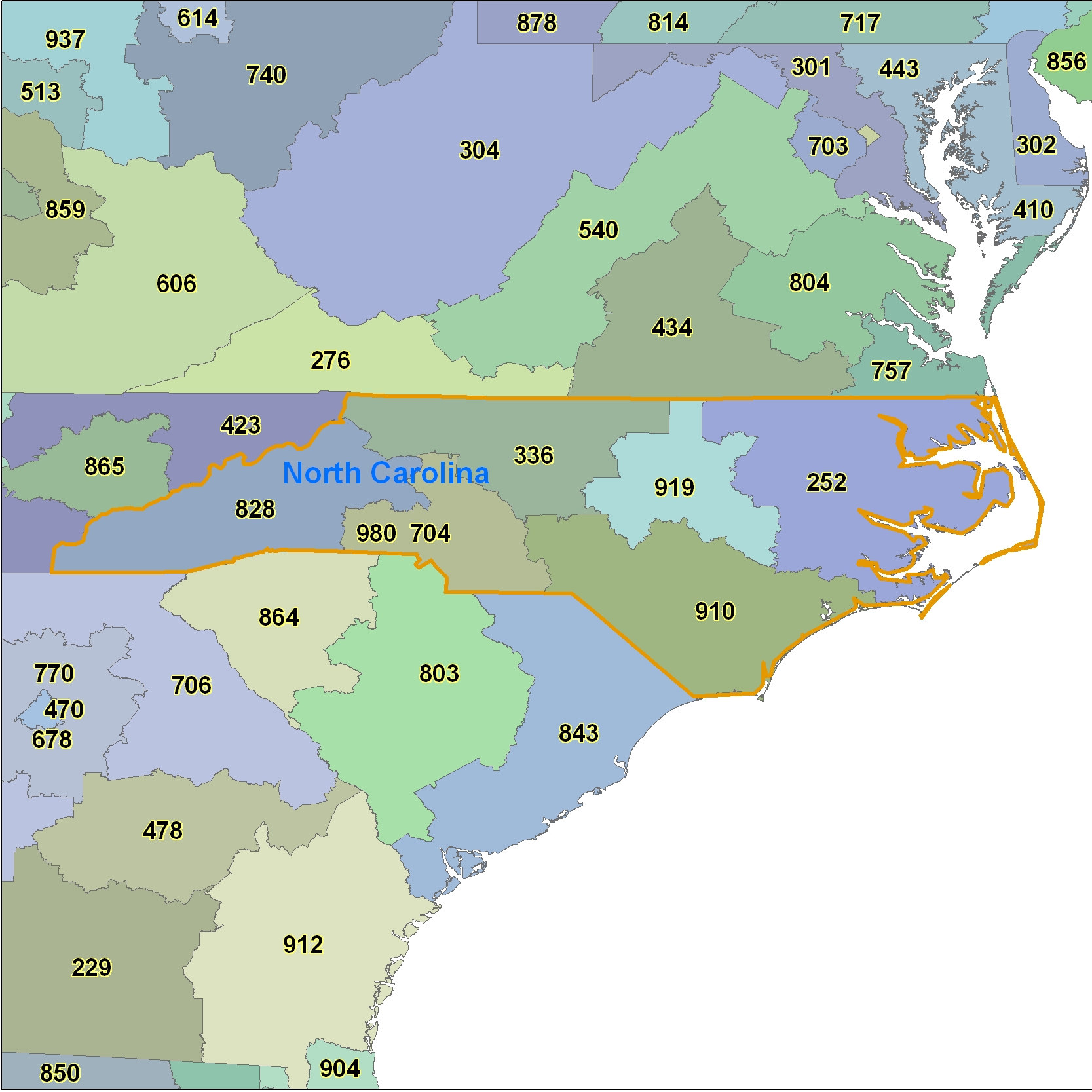 North Carolina (NC) Area Code Map