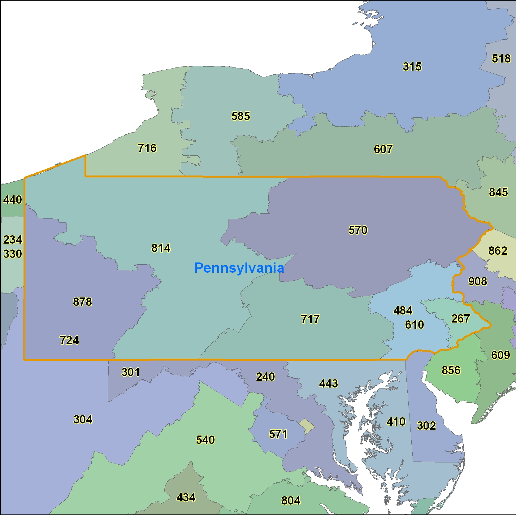 Pennsylvania (PA) Area Code Map