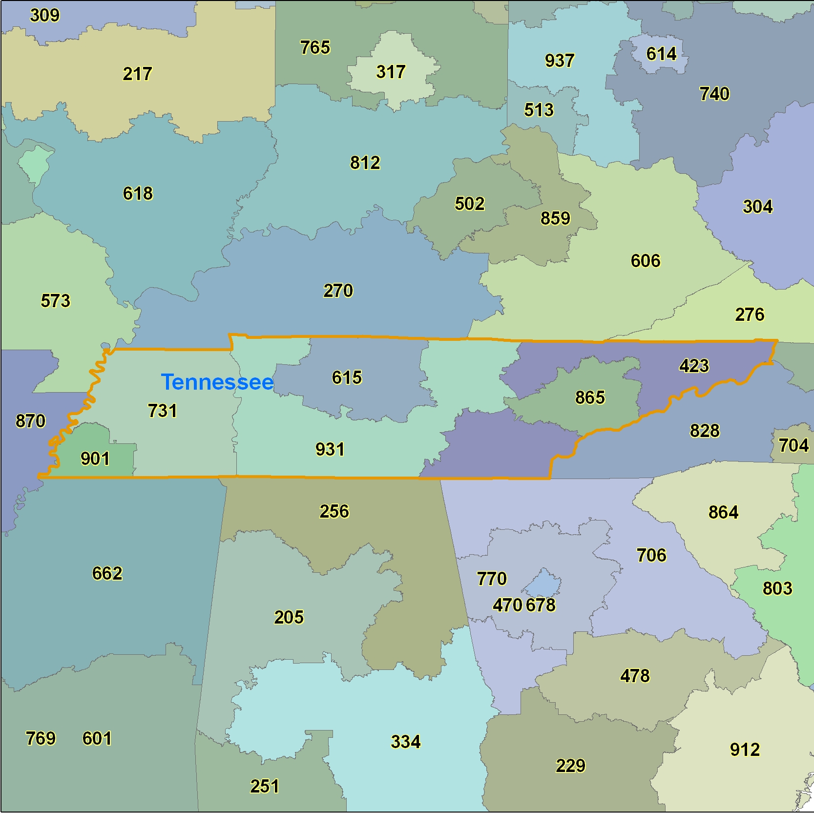 Tennessee (TN) Area Code Map